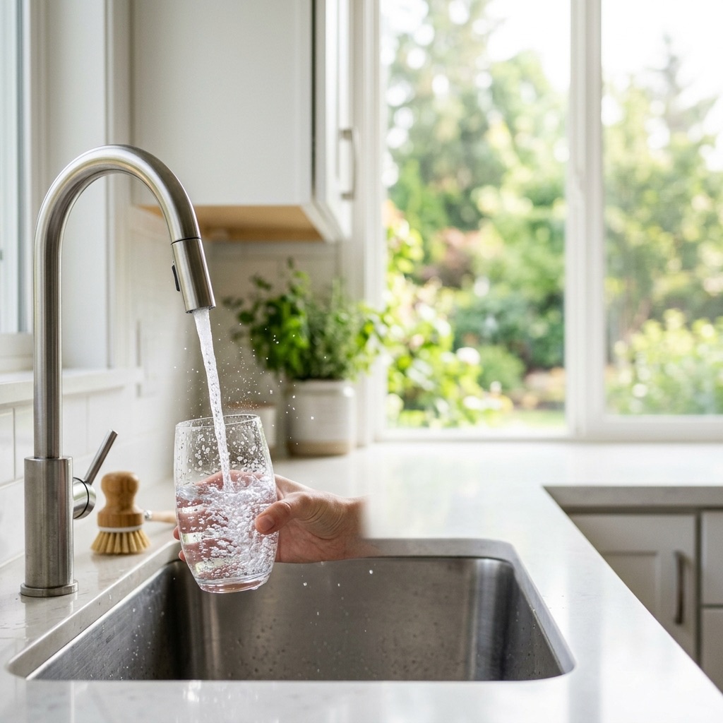 Clear, clean water poured into a glass at a modern kitchen sink